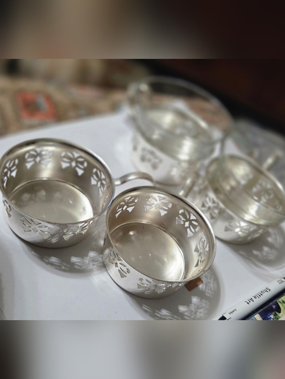BSF Silver Plate Tea Set Glass Cups Holders two with glasses two without